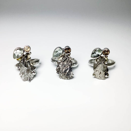 Campo Del Cielo Meteorite, Green Amethyst and Smoky Quartz Ring - Rocks and Gems Canada