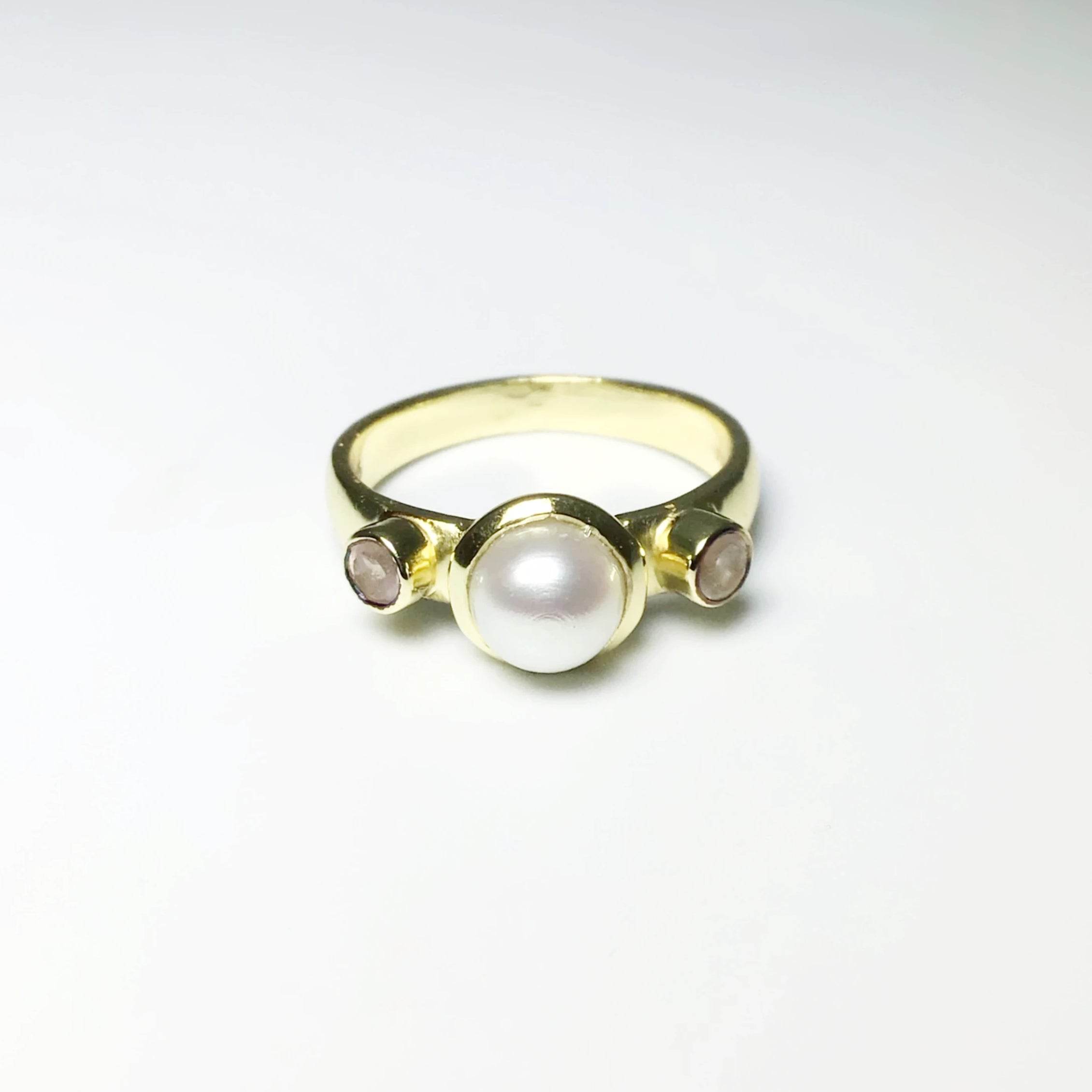Freshwater Pearl and Rose Quartz Ring - Rocks and Gems Canada