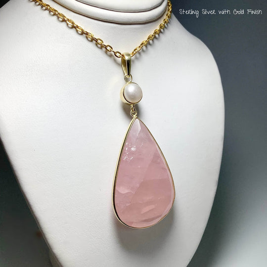 Faceted Rose Quartz and Pearl Pendant - Rocks and Gems Canada