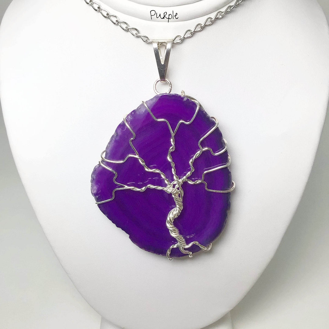 Tree of Life on Agate Slice Necklace - Silver Plated - Rocks and Gems Canada