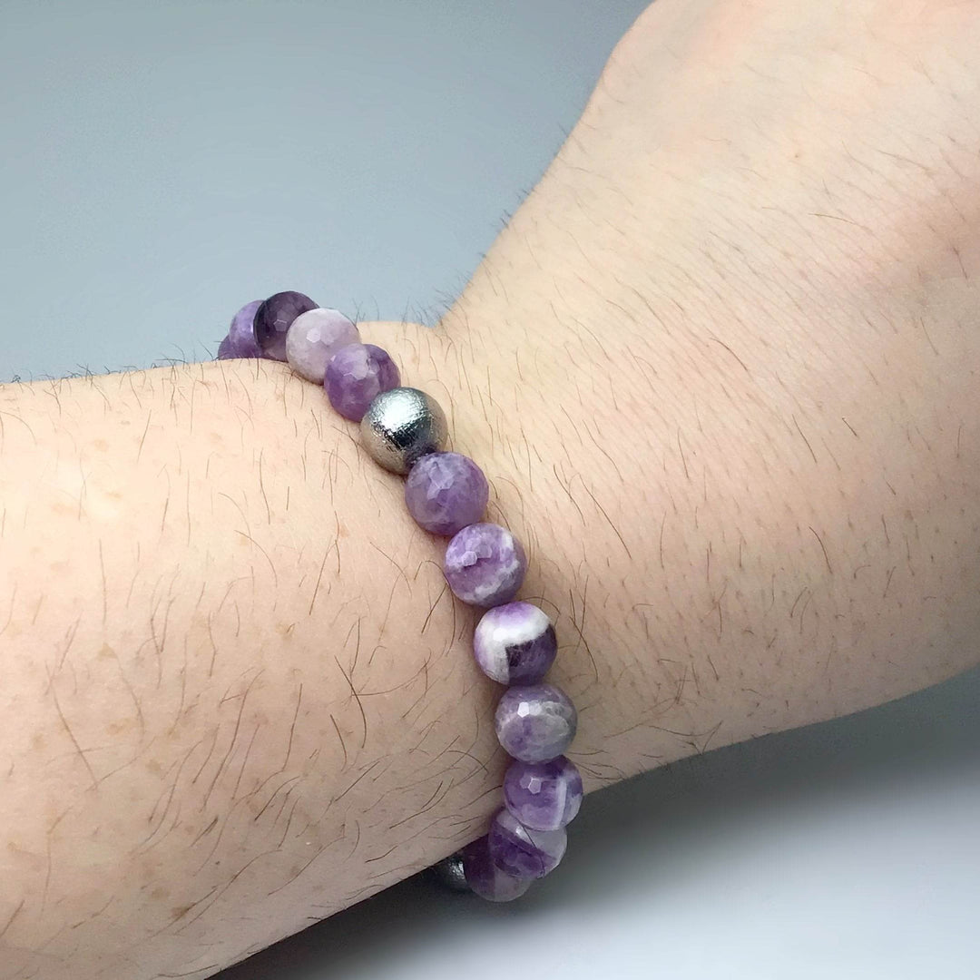 Faceted Chevron Amethyst with Muonionalusta Meteorite Beaded Bracelet - 8mm - Rocks and Gems Canada