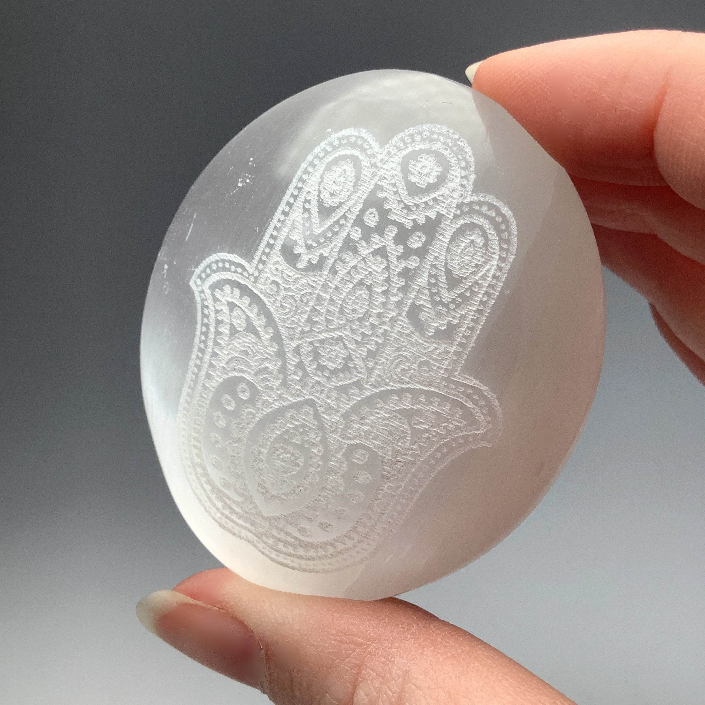 Selenite Palm Stone with Fatima Hand Engraving - Rocks and Gems Canada