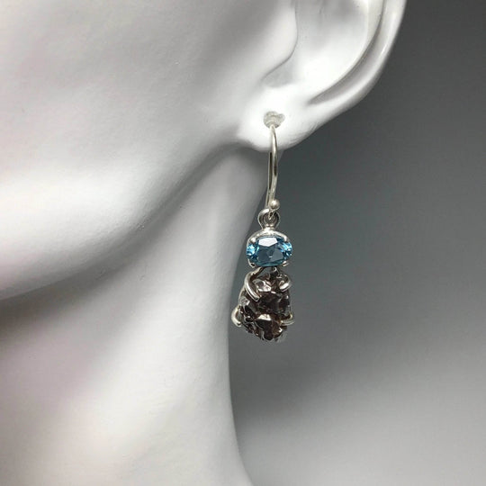 Campo Del Cielo Meteorite and Faceted Blue Topaz Dangle Earrings - Rocks and Gems Canada