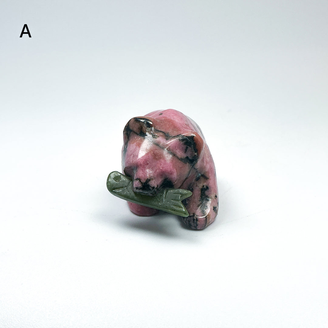 Rhodonite Bear with Canadian Jade Fish Carving - Rocks and Gems Canada