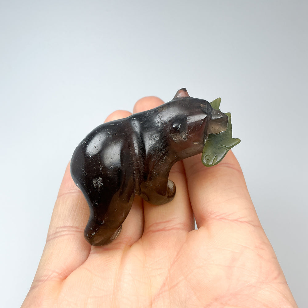 Smoky Quartz Bear with Canadian Jade Fish Carving - Rocks and Gems Canada