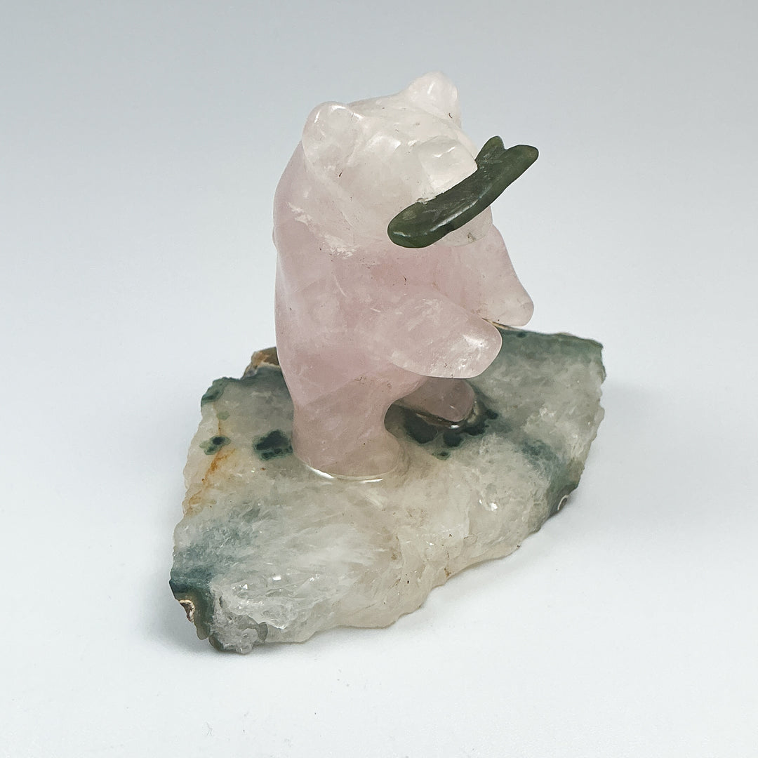 Rose Quartz Bear with Canadian Jade Fish on Agate Base
