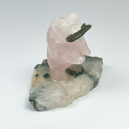 Rose Quartz Bear with Canadian Jade Fish on Agate Base