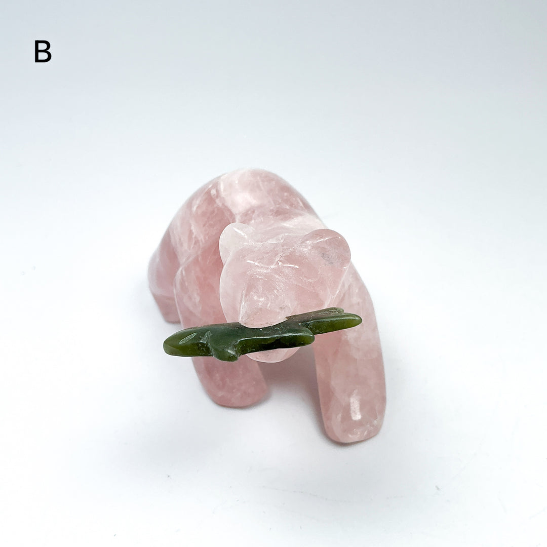 Rose Quartz Bear with Canadian Jade Fish Carving - Rocks and Gems Canada