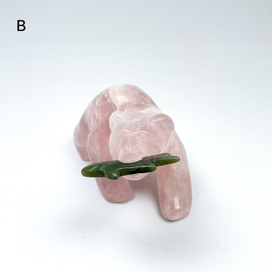 Rose Quartz Bear with Canadian Jade Fish Carving - Rocks and Gems Canada