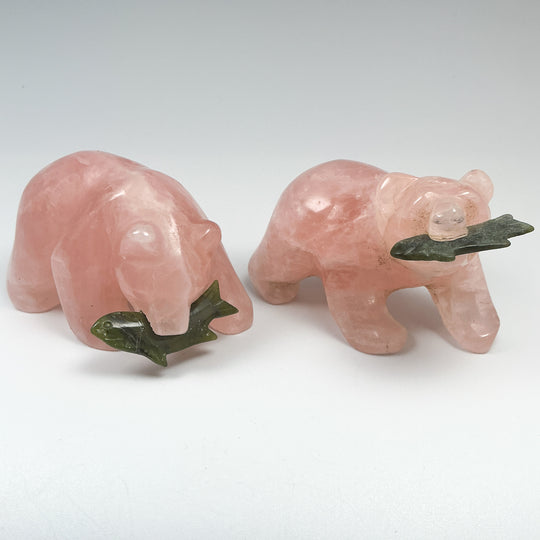 Rose Quartz Bear with Canadian Jade Fish Carving