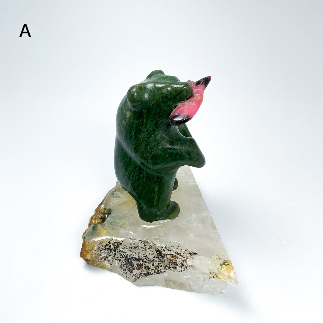 BC Jade Bear with Rhodonite Fish on Quartz Base - Rocks and Gems Canada
