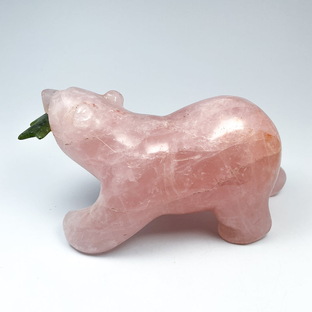 Rose Quartz Bear with Canadian Jade Fish Carving - Rocks and Gems Canada