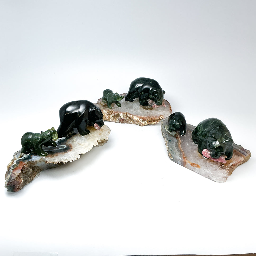 Canadian Jade Bear with Rhodonite Fish Carving On Quartz Base - Rocks and Gems Canada