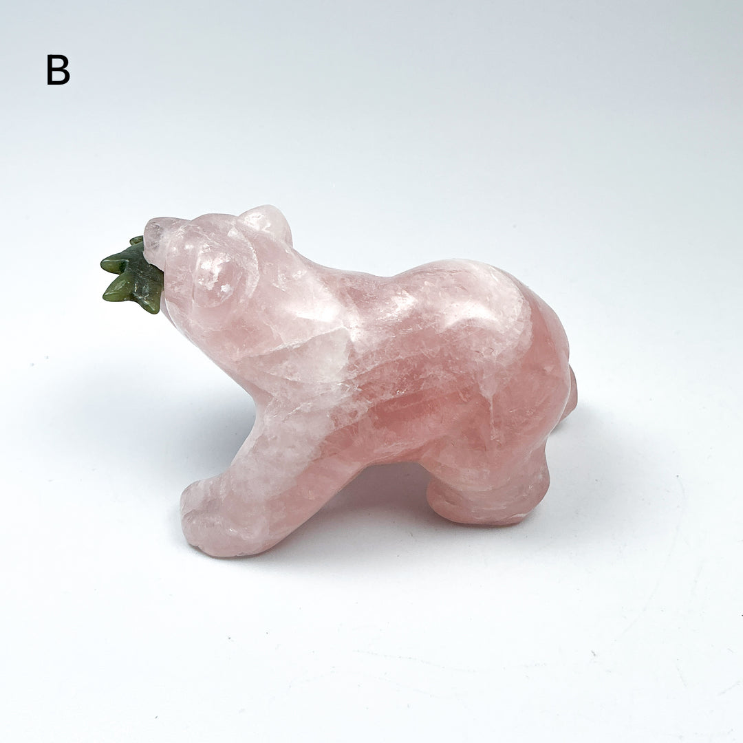 Rose Quartz Bear with Canadian Jade Fish Carving - Rocks and Gems Canada
