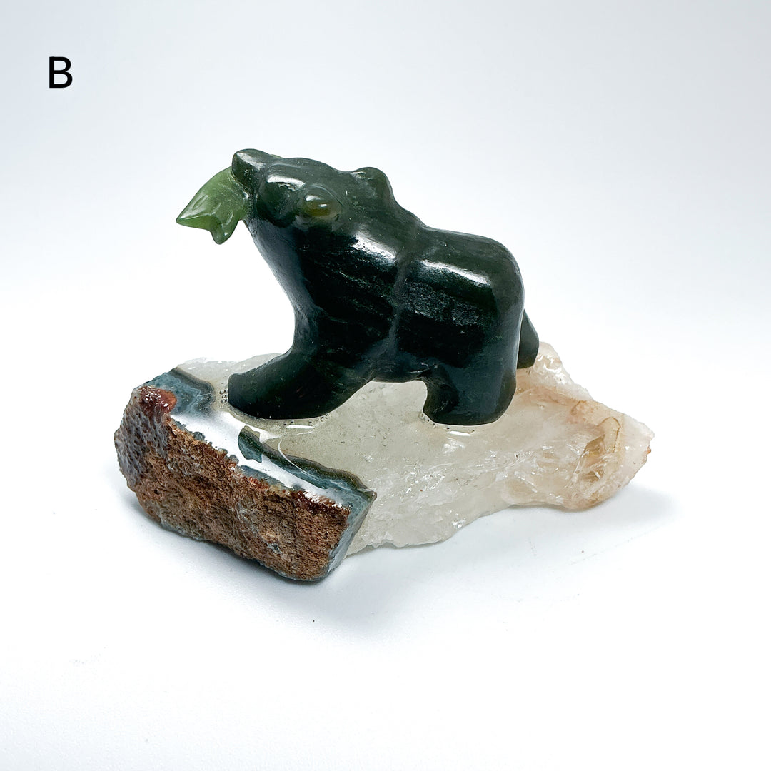 BC Jade Bear with Fish on Quartz Base - Rocks and Gems Canada