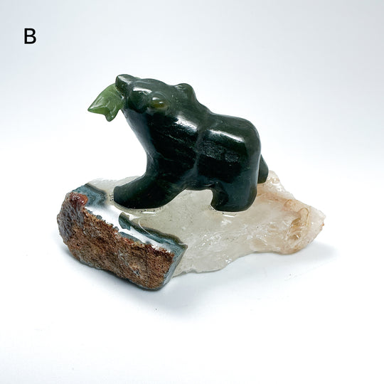 BC Jade Bear with Fish on Quartz Base - Rocks and Gems Canada