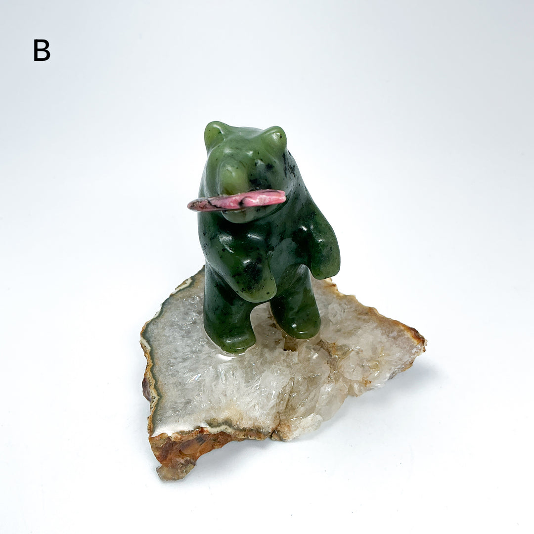 BC Jade Bear with Rhodonite Fish on Quartz Base - Rocks and Gems Canada