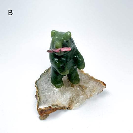 BC Jade Bear with Rhodonite Fish on Quartz Base - Rocks and Gems Canada
