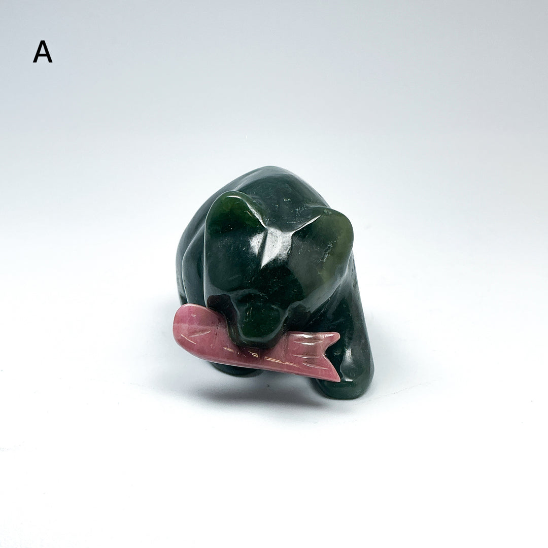 BC Jade Bear with Rhodonite Fish Carving - Rocks and Gems Canada