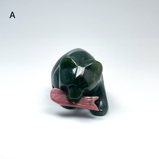 BC Jade Bear with Rhodonite Fish Carving - Rocks and Gems Canada