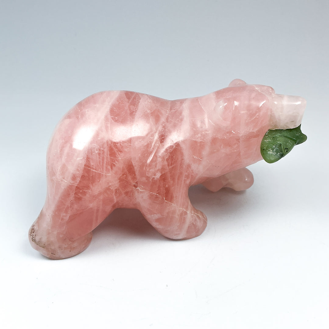 Rose Quartz Bear with Canadian Jade Fish Carving - Rocks and Gems Canada