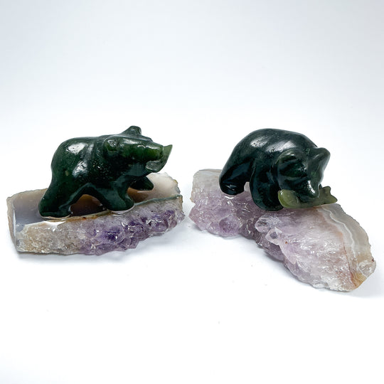 BC Jade Bear with Fish on Amethyst Base - Rocks and Gems Canada
