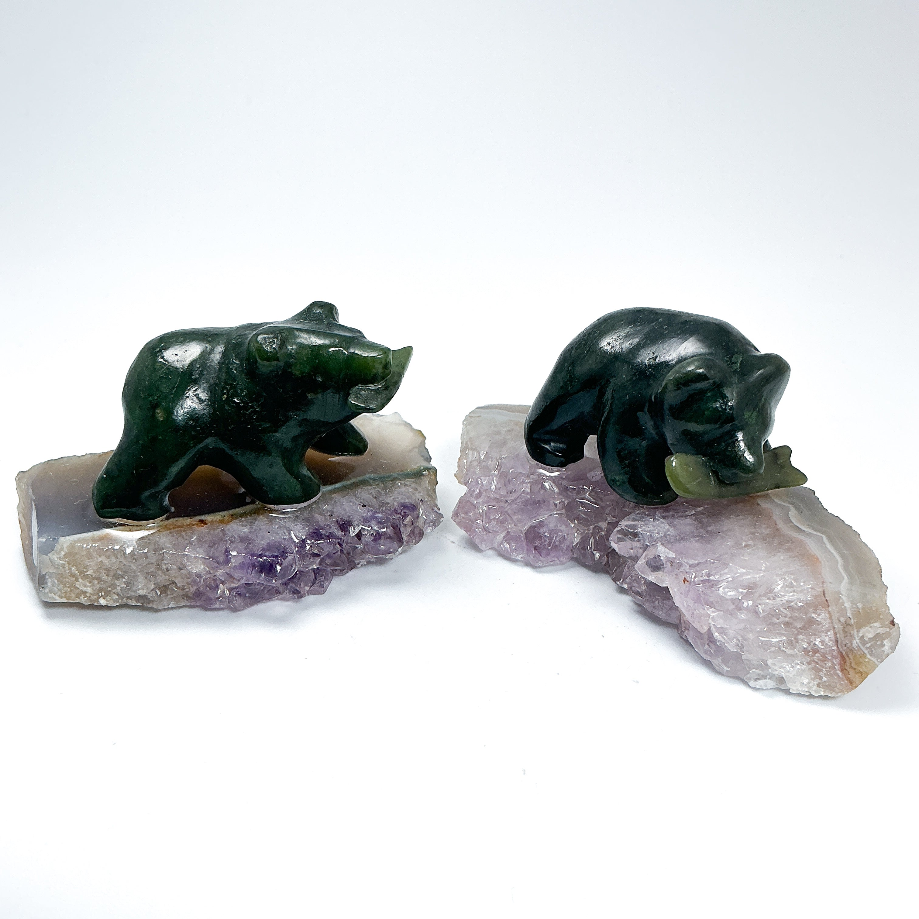 BC Jade Bear with Fish on Amethyst Base - Rocks and Gems Canada