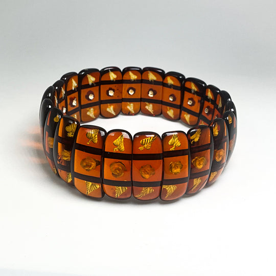 Cognac Amber Floral Cameo Beaded Bracelet