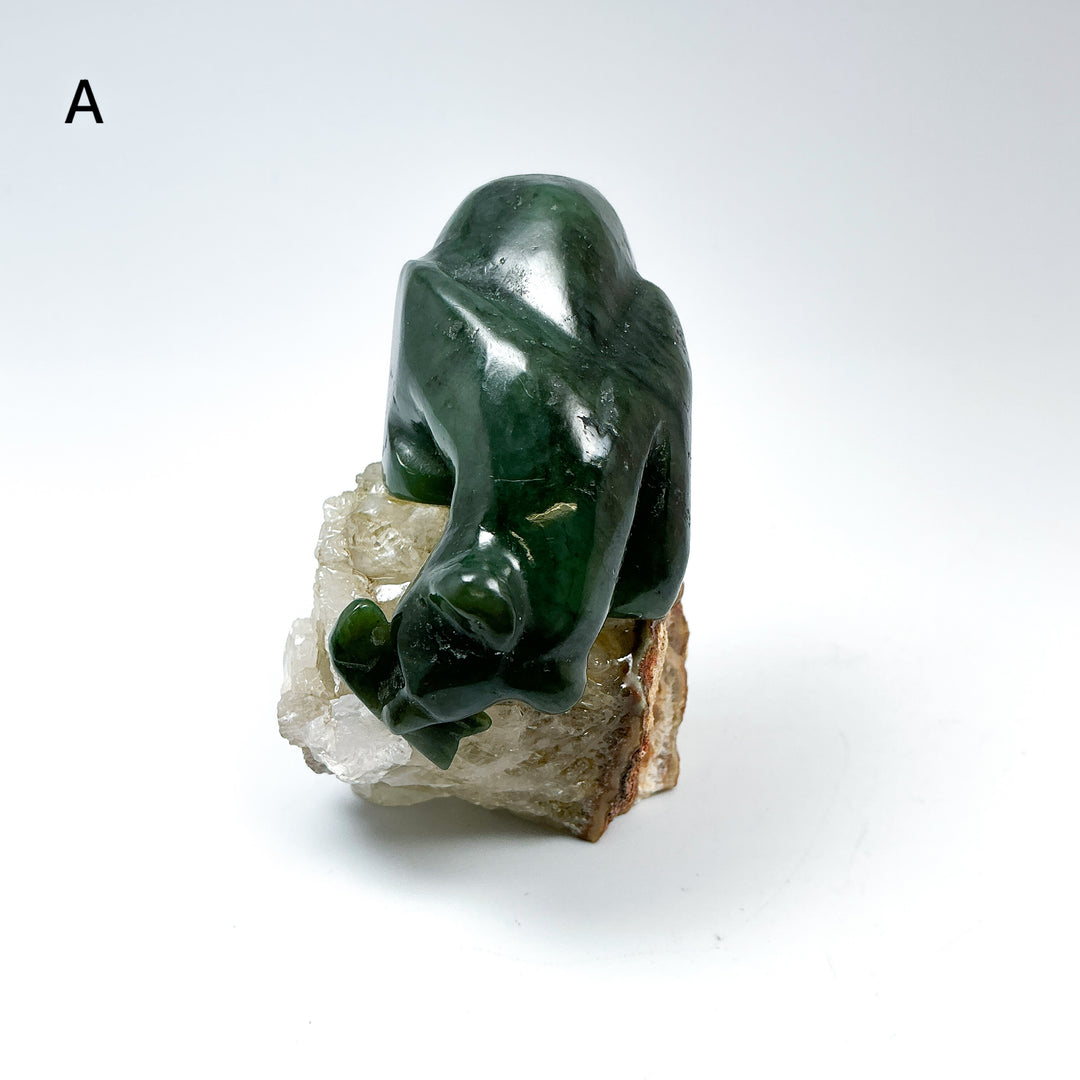 Canadian Jade Bear with Fish Carving On Quartz Base - Rocks and Gems Canada