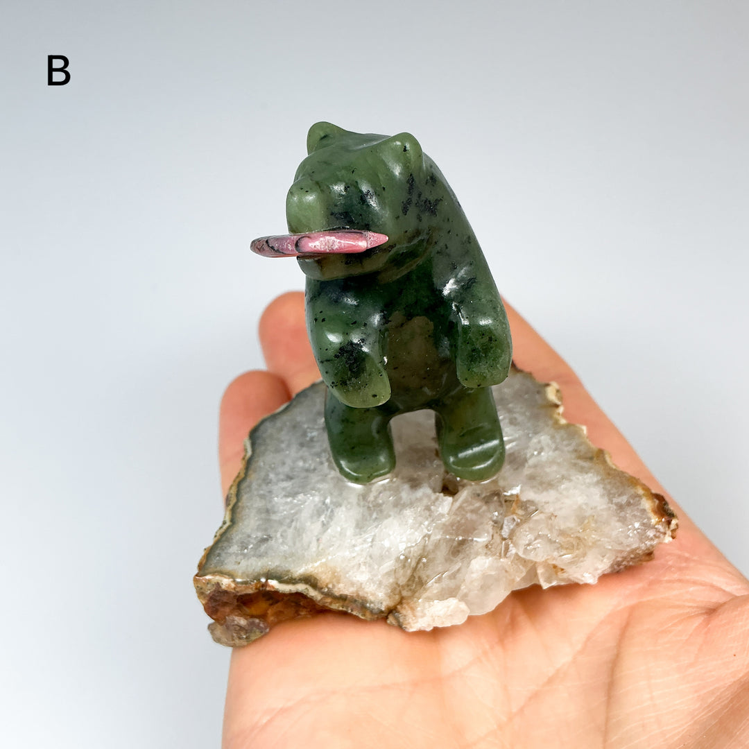 BC Jade Bear with Rhodonite Fish on Quartz Base - Rocks and Gems Canada