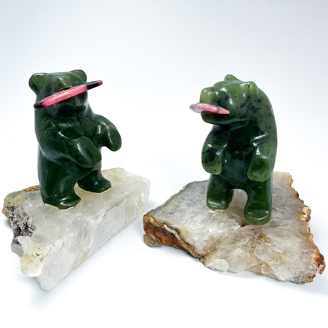 BC Jade Bear with Rhodonite Fish on Quartz Base - Rocks and Gems Canada