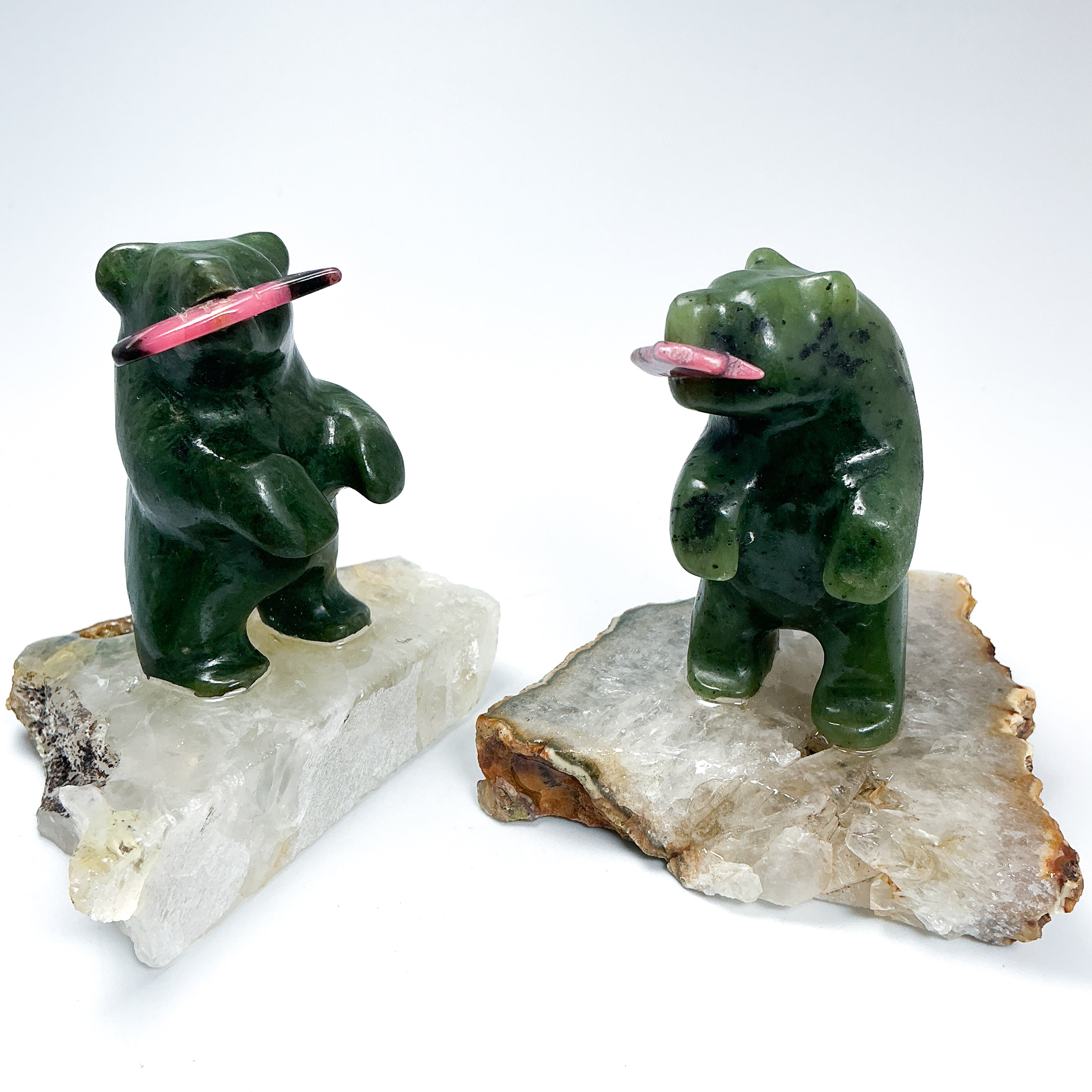 BC Jade Bear with Rhodonite Fish on Quartz Base - Rocks and Gems Canada