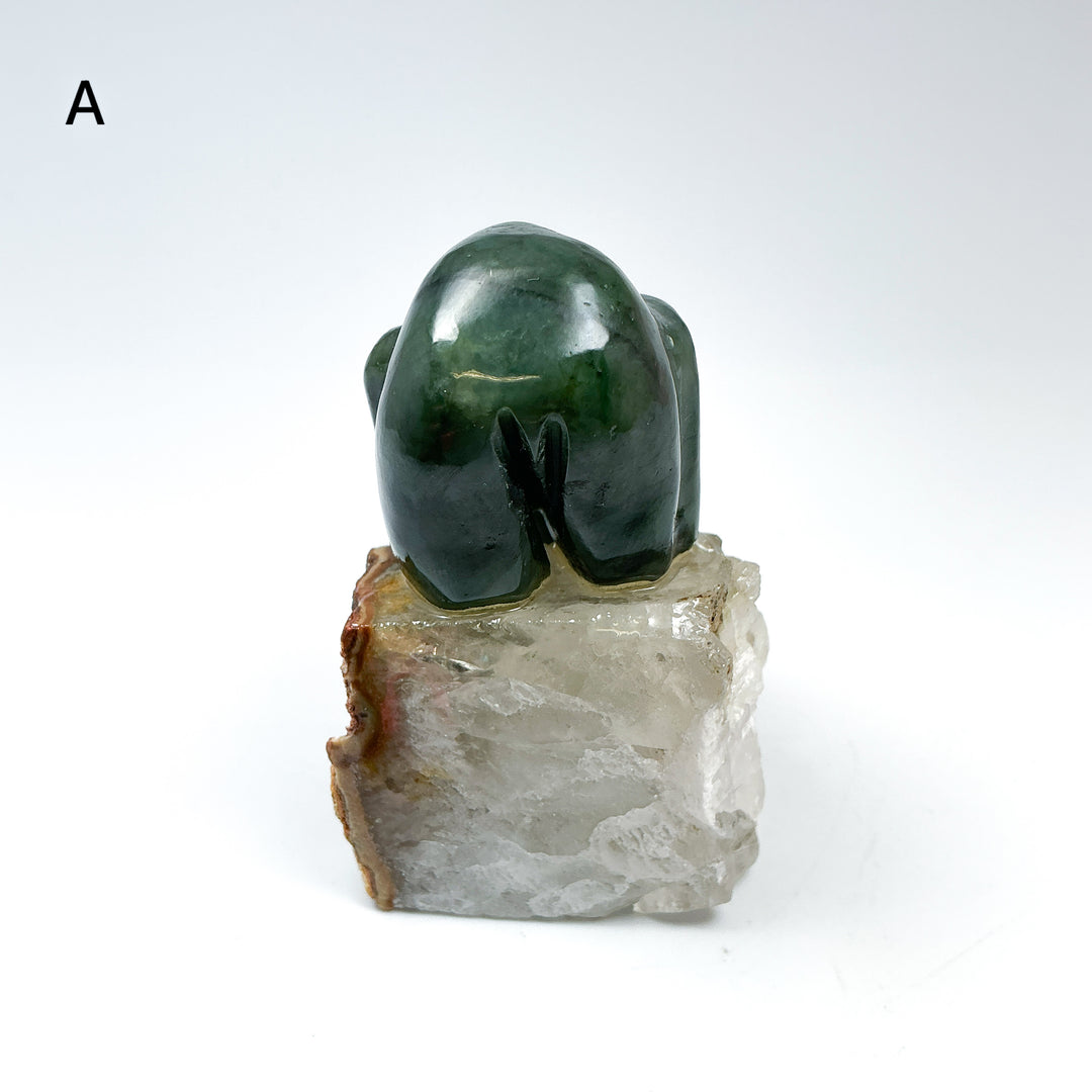 Canadian Jade Bear with Fish Carving On Quartz Base - Rocks and Gems Canada