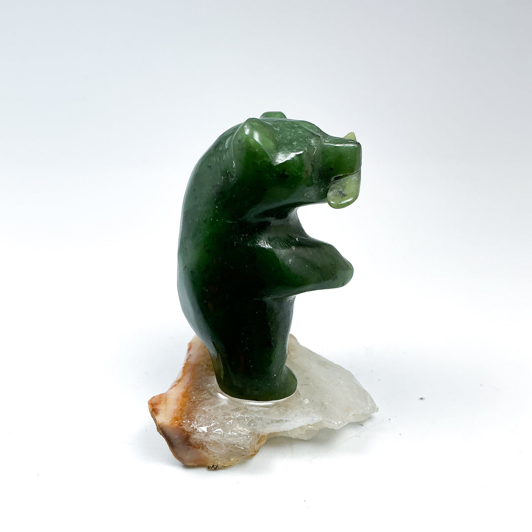 Canadian Jade Bear with Fish Carving On Quartz Base - Rocks and Gems Canada