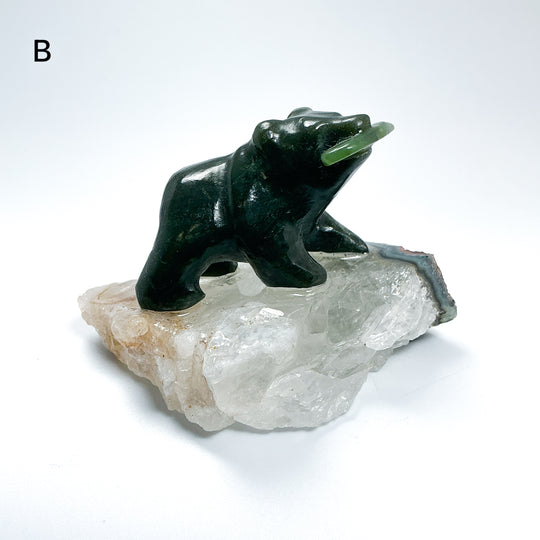 BC Jade Bear with Fish on Quartz Base - Rocks and Gems Canada