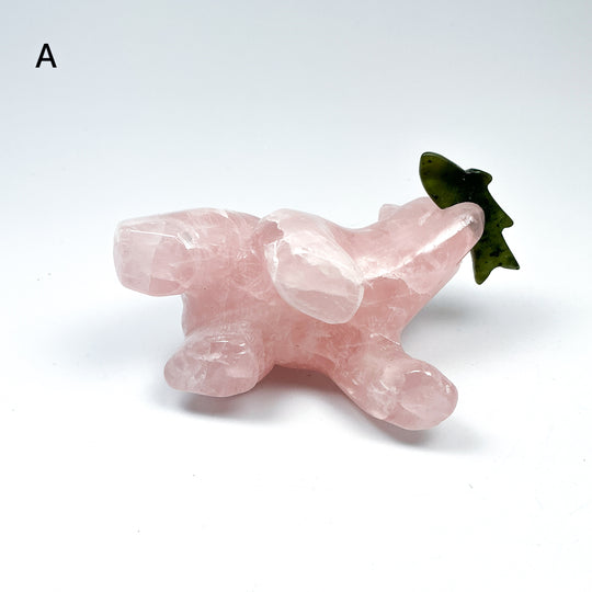 Rose Quartz Bear with Canadian Jade Fish Carving - Rocks and Gems Canada