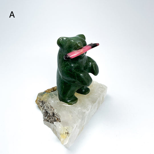 BC Jade Bear with Rhodonite Fish on Quartz Base - Rocks and Gems Canada