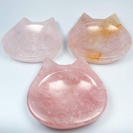 Carved Rose Quartz Cat Bowl - Rocks and Gems Canada