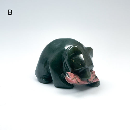 BC Jade Bear with Rhodonite Fish Carving - Rocks and Gems Canada
