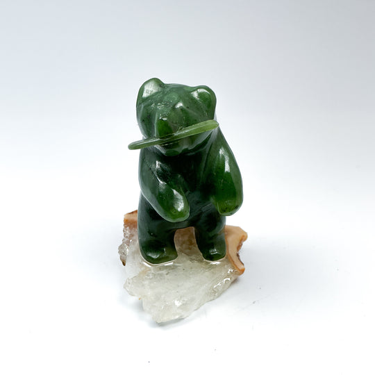 Canadian Jade Bear with Fish Carving On Quartz Base - Rocks and Gems Canada