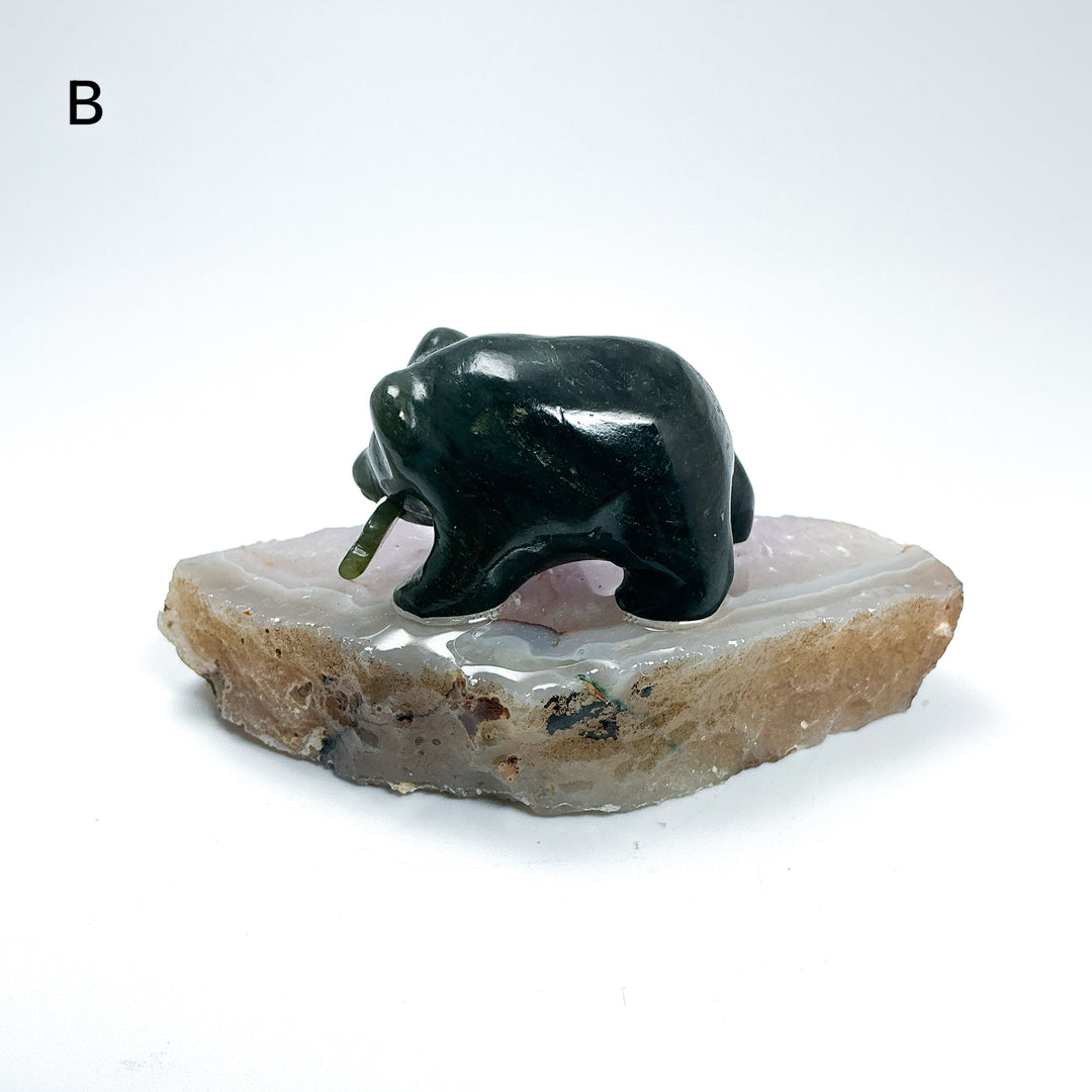 BC Jade Bear with Fish on Amethyst Base - Rocks and Gems Canada