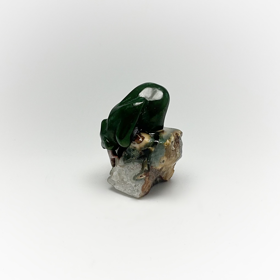 BC Jade Bear Carving with Rhodonite Fish on Natural Agate Base - Rocks and Gems Canada
