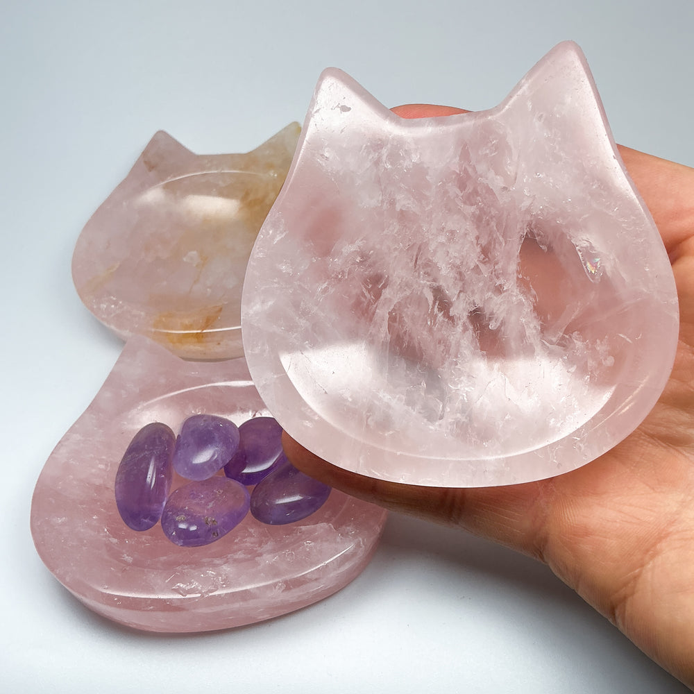 Carved Rose Quartz Cat Bowl - Rocks and Gems Canada