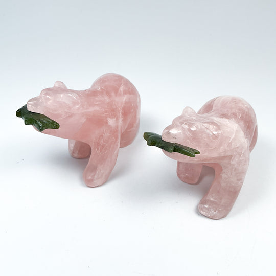Rose Quartz Bear with Canadian Jade Fish Carving - Rocks and Gems Canada