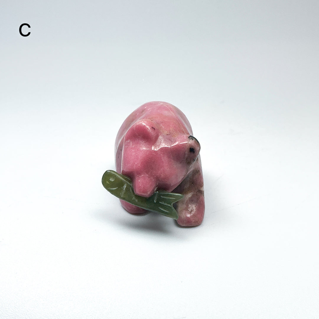 Rhodonite Bear with Canadian Jade Fish Carving - Rocks and Gems Canada