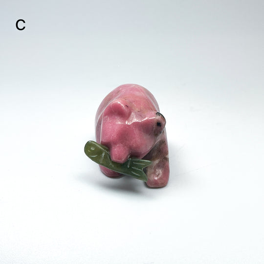 Rhodonite Bear with Canadian Jade Fish Carving - Rocks and Gems Canada