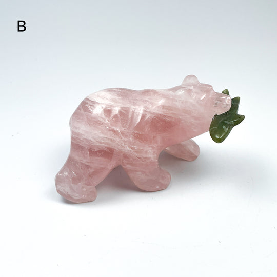 Rose Quartz Bear with Canadian Jade Fish Carving - Rocks and Gems Canada