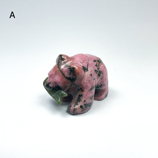Rhodonite Bear with Canadian Jade Fish Carving - Rocks and Gems Canada