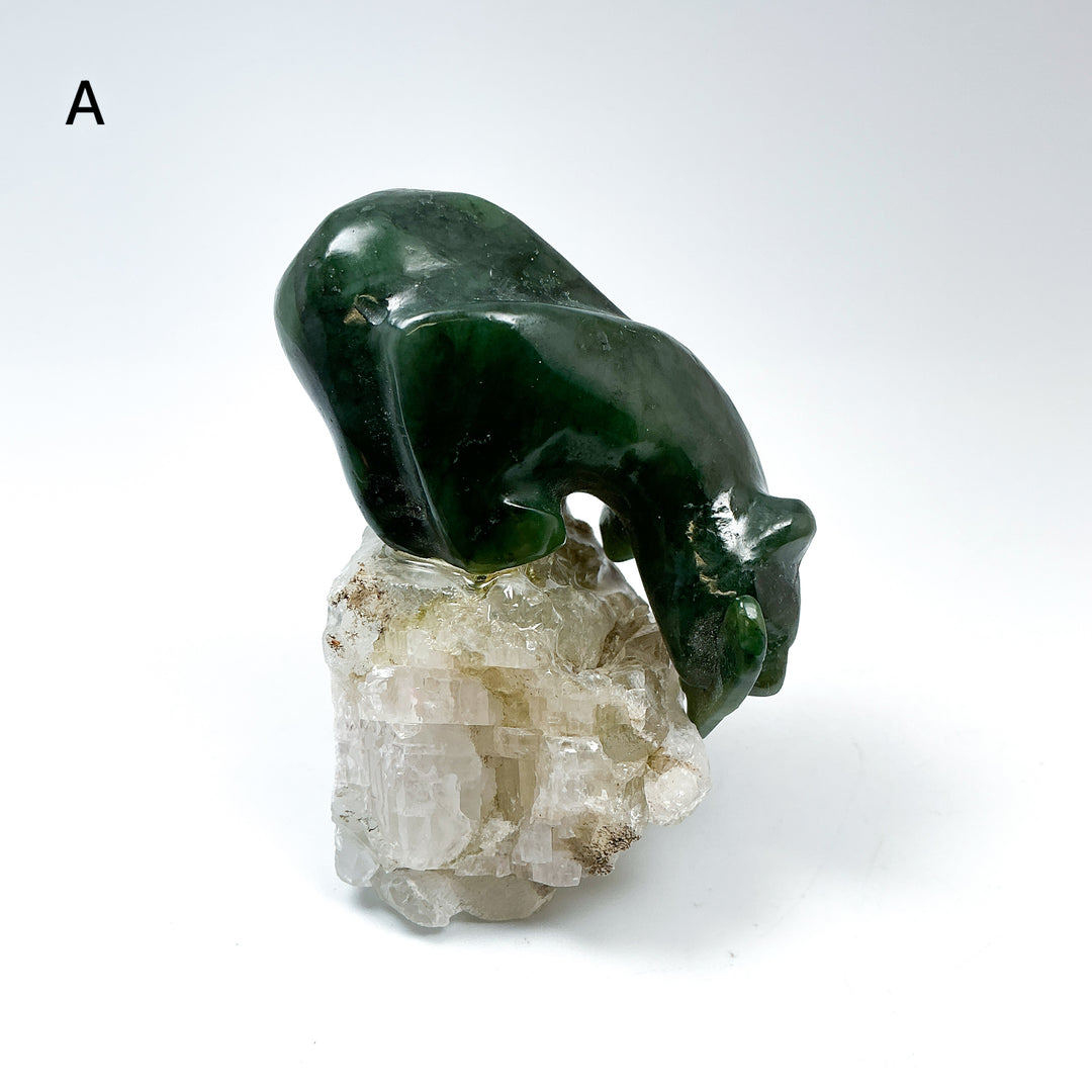 Canadian Jade Bear with Fish Carving On Quartz Base - Rocks and Gems Canada