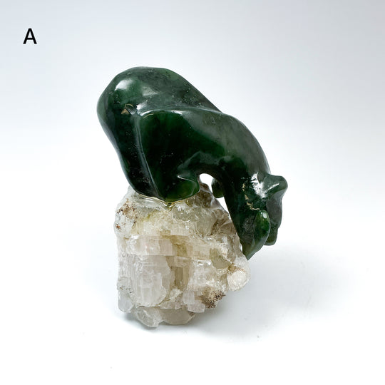 Canadian Jade Bear with Fish Carving On Quartz Base - Rocks and Gems Canada